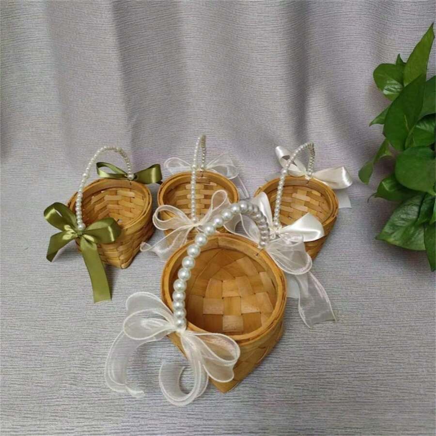 1個手工製作的圓珠裝飾創意花籃,帶蝴蝶結手柄,適用於室外西式婚禮,多種場景可設定 - 卡其色 - 查看 1