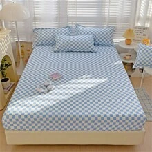 1pc New Printed Single Fitted Sheet Is Soft And Comfortable, Suitable For Family Bedrooms, Dormitory Single Beds, Etc - Checkerboard Blue Grid - View 1
