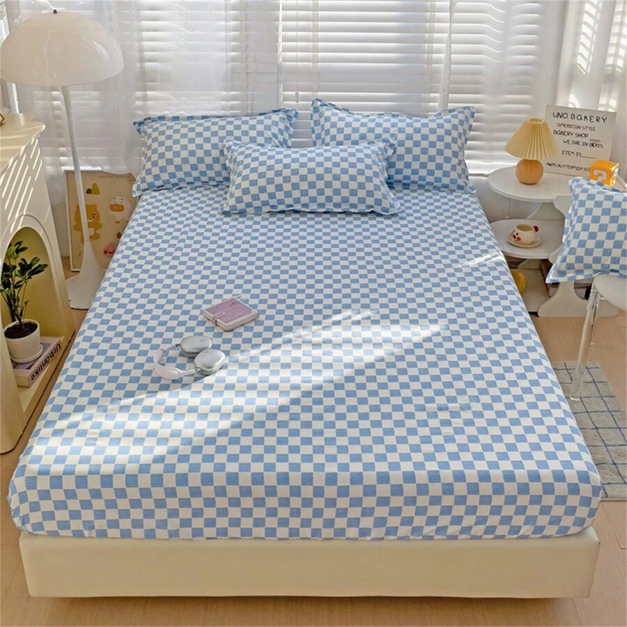 1pc New Printed Single Fitted Sheet Is Soft And Comfortable, Suitable For Family Bedrooms, Dormitory Single Beds, Etc - Checkerboard Blue Grid - View 1