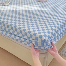 1pc New Printed Single Fitted Sheet Is Soft And Comfortable, Suitable For Family Bedrooms, Dormitory Single Beds, Etc - Checkerboard Blue Grid - View 7