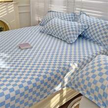1pc New Printed Single Fitted Sheet Is Soft And Comfortable, Suitable For Family Bedrooms, Dormitory Single Beds, Etc - Checkerboard Blue Grid - View 6