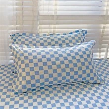 1pc New Printed Single Fitted Sheet Is Soft And Comfortable, Suitable For Family Bedrooms, Dormitory Single Beds, Etc - Checkerboard Blue Grid - View 5