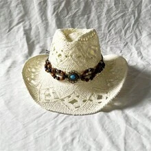 Boho 1pc Gemstone Malan Flower Hat With Handmade Hollow Out Design, 9cm Wide Brim Sunshade Cowboy Hat - Hollow - View 3