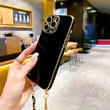 1pc Black Leather Shoulder Strap & 6d Electroplating Tpu Phone Case Compatible With Iphone - Black - View 2