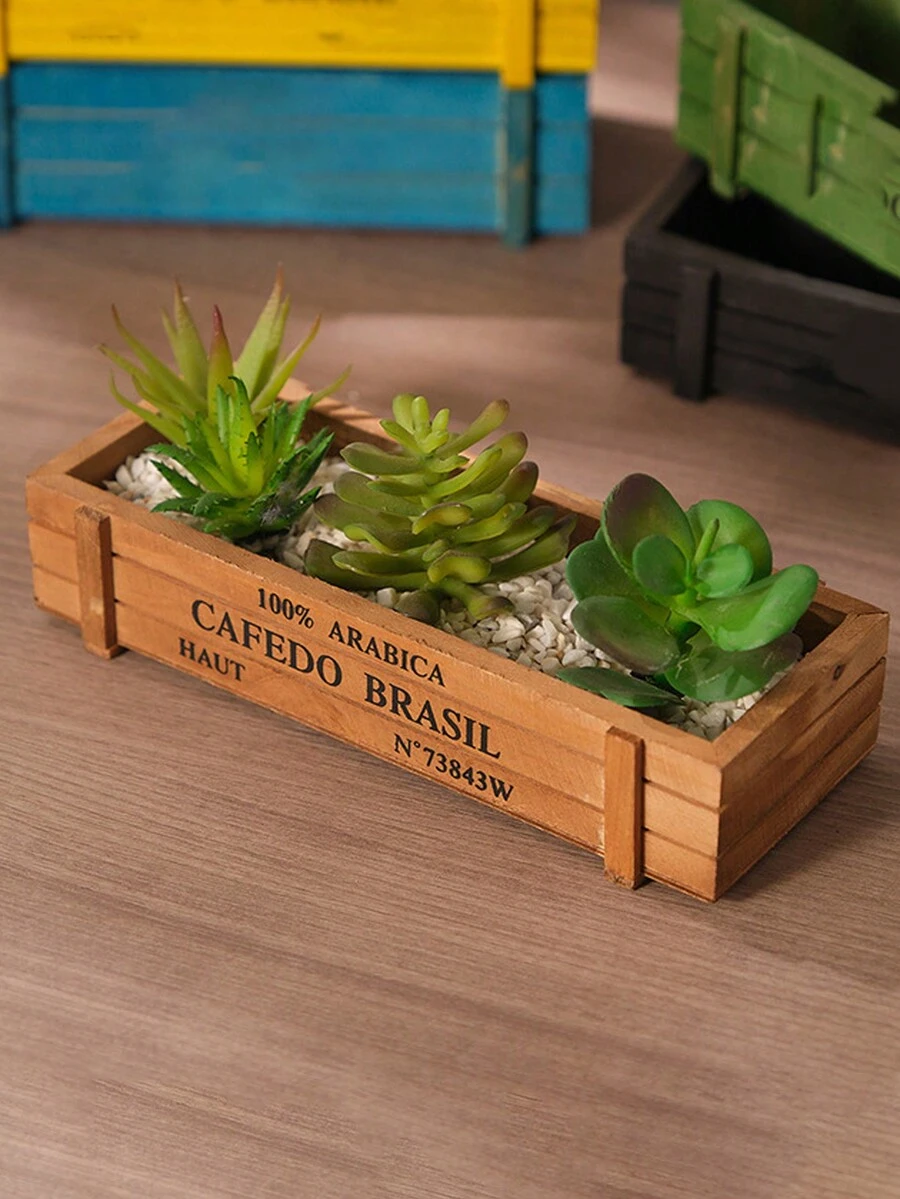 1pc Vintage Wooden Rectangle Pot For Succulent Plants, Desk Decor - Brown - View 1