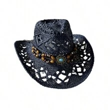 Boho 1pc Gemstone Malan Flower Hat With Handmade Hollow Out Design, 9cm Wide Brim Sunshade Cowboy Hat - Hollow - View 6