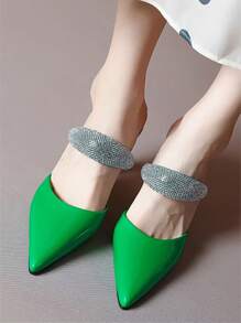 Fashionable Women's Rhinestone Decor Patent Leather Strap Closed Toe Slip-On Slippers, Summer
