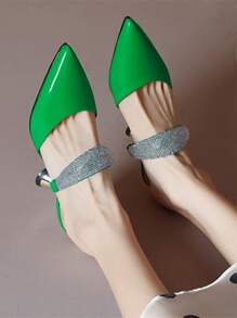 Fashionable Women's Rhinestone Decor Patent Leather Strap Closed Toe Slip-On Slippers, Summer
