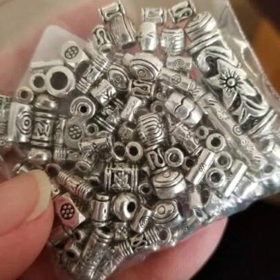 100入組混合藏銀色珠子,用於製作歐式手鍊diy