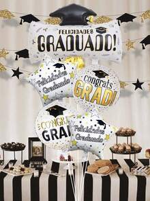 Juego De Globos De Película De Aluminio Para Libro De Graduación, Gorro De Doctorado En Español, 5 Uds. - Blanco y Negro - Ver 2