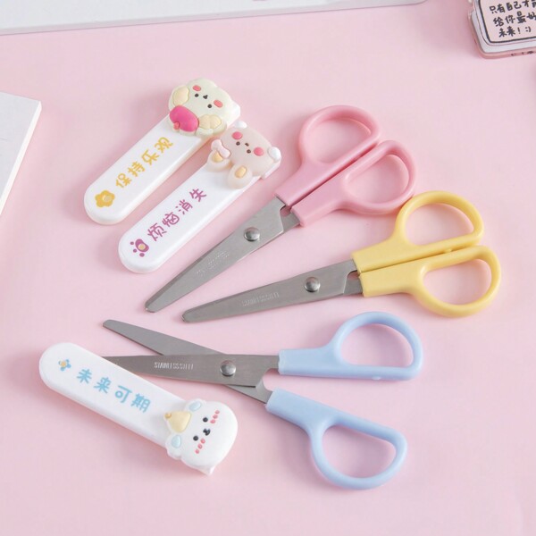 1 Pair/3 Cute Cartoon Scissors With Protective Sleeve Student Handmade Scissors Household Scissors, Inspirational Text, Stationery, Office Supplies, Do Not Hurt Your Hands, Cut Paper,Back To School,School Supplies