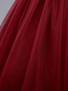 Young Girl Sleeveless Solid Color Elegant Dress With 3D Flower & Bow Decor, Headband Not Included - Burgundy - View 8