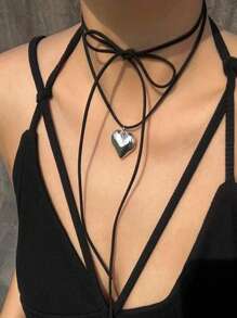 1 件甜美炫酷夸张心形领结设计项链，配有可调节天鹅绒和蜡绳和吊坠，适合情人节、妈妈、母亲、母亲节、礼物