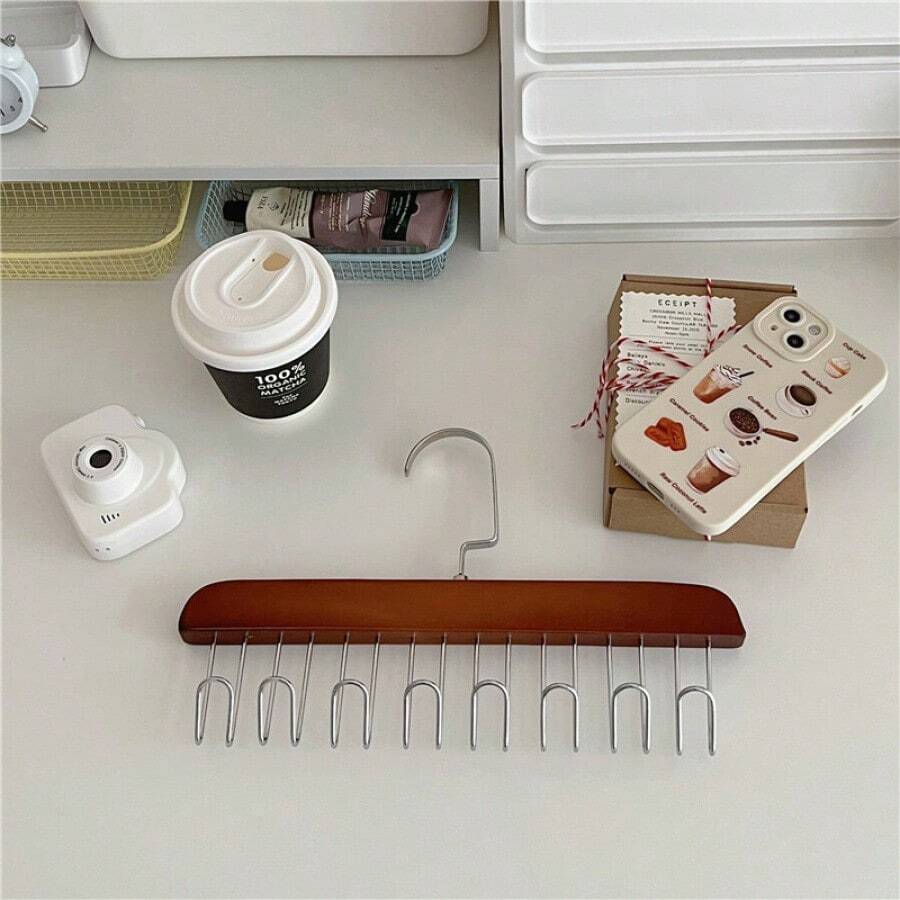 Solid Wood Clothes Hanger With Multi-Function Hooks For Underwear, Vests And Neckties, Ideal For Dorm Room And Clothing Store Display - Brown - View 1