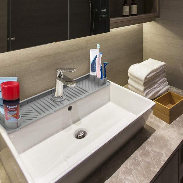 1pc Silicone Mat With Holders Shelf Liners, Silicone Sink Splash Guard, Faucet Dish Cloth & Sponge Pad, Anti-Slip Adjustable Mat, For Kitchen And Bathroom Faucet, Kitchen Organizers And Storage, Kitchen Accessories