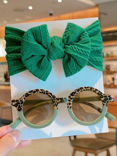 2件套新款可爱纯色蝴蝶结发箍和圆形时尚眼镜配饰套装，适合男宝宝和女宝宝，仅含卡片展示，不含运费。