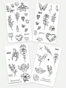 4张黑色花朵和小动物图案临时纹身贴纸，个性清新简约风格，Y2K风格，适合时尚人士 - 黑色 - 查看 6