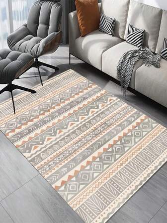 1pc High-Definition Retro Printed Geometric & Pattern Rug, Lightweight Anti-Slip Washable Carpet For Living Room, Bedroom And Sofa Area - Home Decor Mat