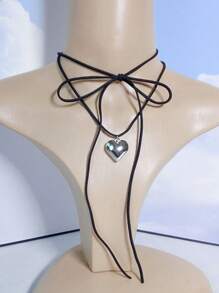 1 件甜美炫酷夸张心形领结设计项链，配有可调节天鹅绒和蜡绳和吊坠，适合情人节、妈妈、母亲、母亲节、礼物