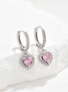 1對魅力四射粉色方晶鋯石愛心設計純銀耳墜適合女士適合婚禮派對首飾類情人節禮品 - 銀色 - 查看 1