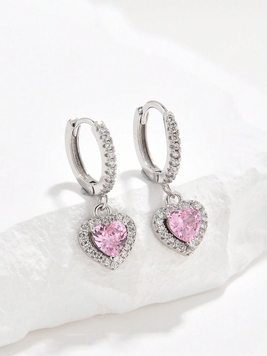 1對魅力四射粉色方晶鋯石愛心設計純銀耳墜適合女士適合婚禮派對首飾類情人節禮品 - 銀色 - 查看 1