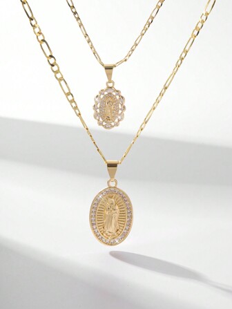  2 piezas 2025 Nuevo collar con colgante de Guadalupe y Virgen María de circonia incrustada de cobre hipoalergénico, adecuado para regalo de Día de la Madre/Día de San Valentín para parejas/amigos/padrinos, Primera Comunión Católica, regalos, uso diario y festivo