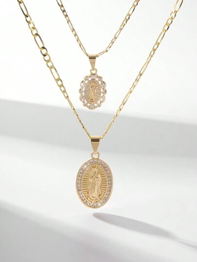  2pcs 2025 New Hypoallergenic Copper Inlaid Zirconia Guadalupe Virgin Mary Pendant Necklace, Suitable For Mother/Valentine's Day Couples/Friends/Godparents Gift, Catholic First Communion, Gifts, Daily & Holiday Wear Prayer