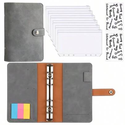 1 طقم دفتر ملاحظات جلد ناعم رمادي بحجم A6 مع ملصقات لاصقة ملونة، خطة عالمية، خطة توفير نصف شهرية، خطة توفير 10000، استراتيجية التوفير