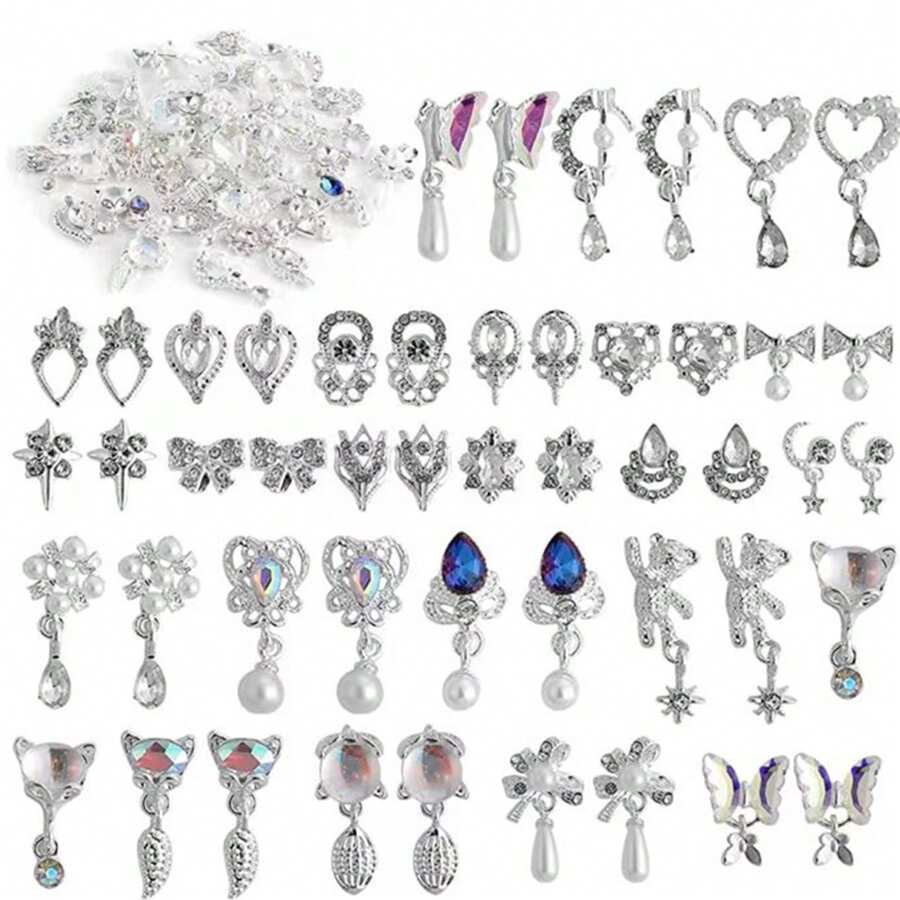 48颗吊坠美甲饰品，奢华水钻，心形吊坠，金色银色美甲宝石，水晶，适用于亚克力美甲，金属美甲石，用于3D美甲艺术装饰和珠宝制作，24种款式 - 銀色 - 查看 1