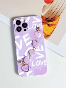 1入紫色電鍍心形吊飾手鍊和1入紫色TPU字母印花防摔手機殼，適用於iPhone、Samsung、Xiaomi、OPPO、Android - 彩色 - 查看 3