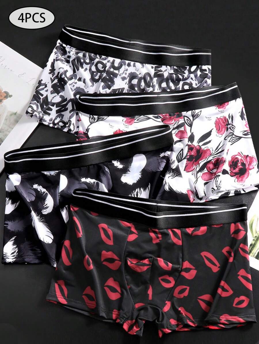Men's 4pcs/Set Ice Silk Thin Breathable Sexy Printed Boxer Briefs For Summer - Multicolor - View 1