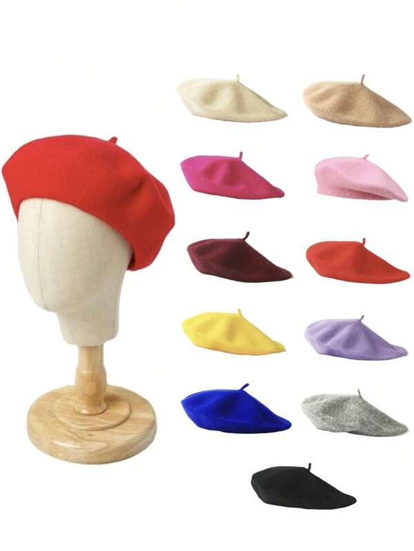 1pc Children's Unisex 11 Colors Solid Knitted Beret With Light Plate, Suitable For Daily Wear Or Shopping
