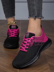 青少年輕便透氣網布運動鞋,柔軟鞋底,適合旅行和休閒,黑色和玫瑰紅色女孩夏季鞋子 - 玫紅色 - 查看 3