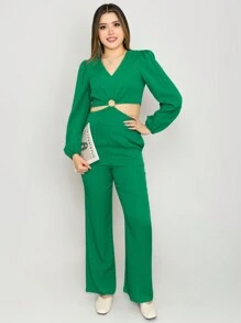 Beautiful Summer Fashion Palazzo With Solid Color, Side Cuts And Texture - Green - View 4