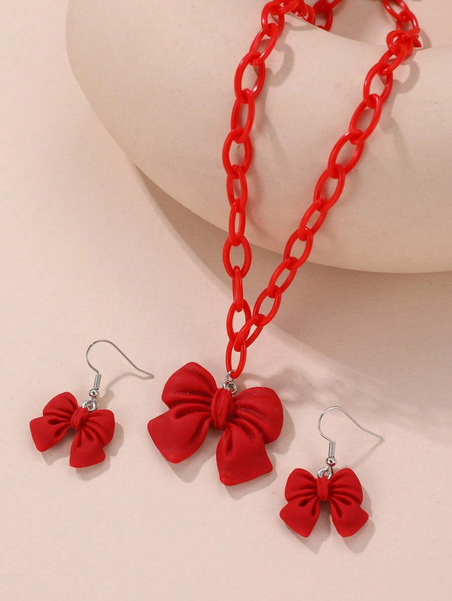 3pcs/Set Girls Butterfly Necklace 1pc + Earrings 2pcs Jewelry Set, Suitable For Daily Decoration - Red - View 1