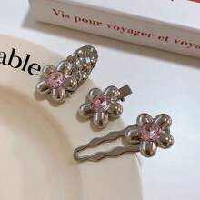 Street 女士銀色亮面金屬花朵和粉色水晶石裝飾夾，適用於日常使用 - 銀色 - 查看 5