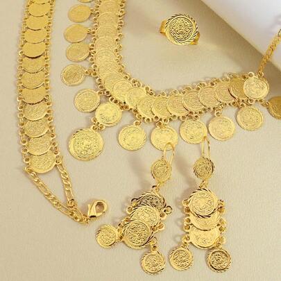 5入組/套仿鈔紋金色銅首飾套裝,適用於女性假日禮物和派對穿搭