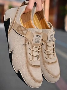 男士新款手工平底正式皮鞋,適用於戶外、運動、休閒穿著,配有橡膠鞋底 - 卡其色 - 查看 1