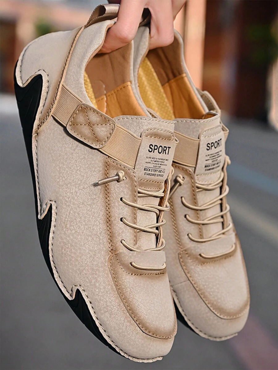 男士新款手工平底正式皮鞋,適用於戶外、運動、休閒穿著,配有橡膠鞋底 - 卡其色 - 查看 1