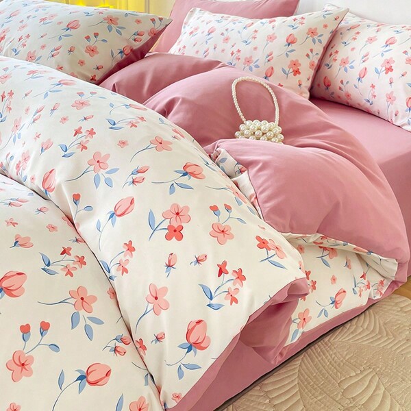 4pcs Duvet Cover Set (Duvet Cover*1+ Pillowcase*2 + Bed Sheet*1) Floral Coverlet Quilt Bedding Set, Soft & Breathable, Stylish Print, Fresh Style, For Hotel, Bedroom, Student Dormitory, Or All Seasons.