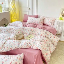 4入組/套被套套件（被套*1 + 枕套*2 + 床單*1）,花卉床罩被褥套裝,柔軟透氣,時尚印花,清新風格,適用於酒店,臥室,學生宿舍或各個季節。