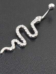 1 Pieza Anillo De Ombligo De Serpiente Incrustado Con Piedras Brillantes De Estrás, Elegante Joyería De Perforación De Uñas De Cobre Del Cuerpo De Ombligo - Plateado - Ver 3