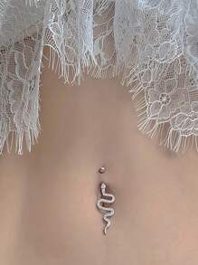 1 Pieza Anillo De Ombligo De Serpiente Incrustado Con Piedras Brillantes De Estrás, Elegante Joyería De Perforación De Uñas De Cobre Del Cuerpo De Ombligo - Plateado - Ver 1