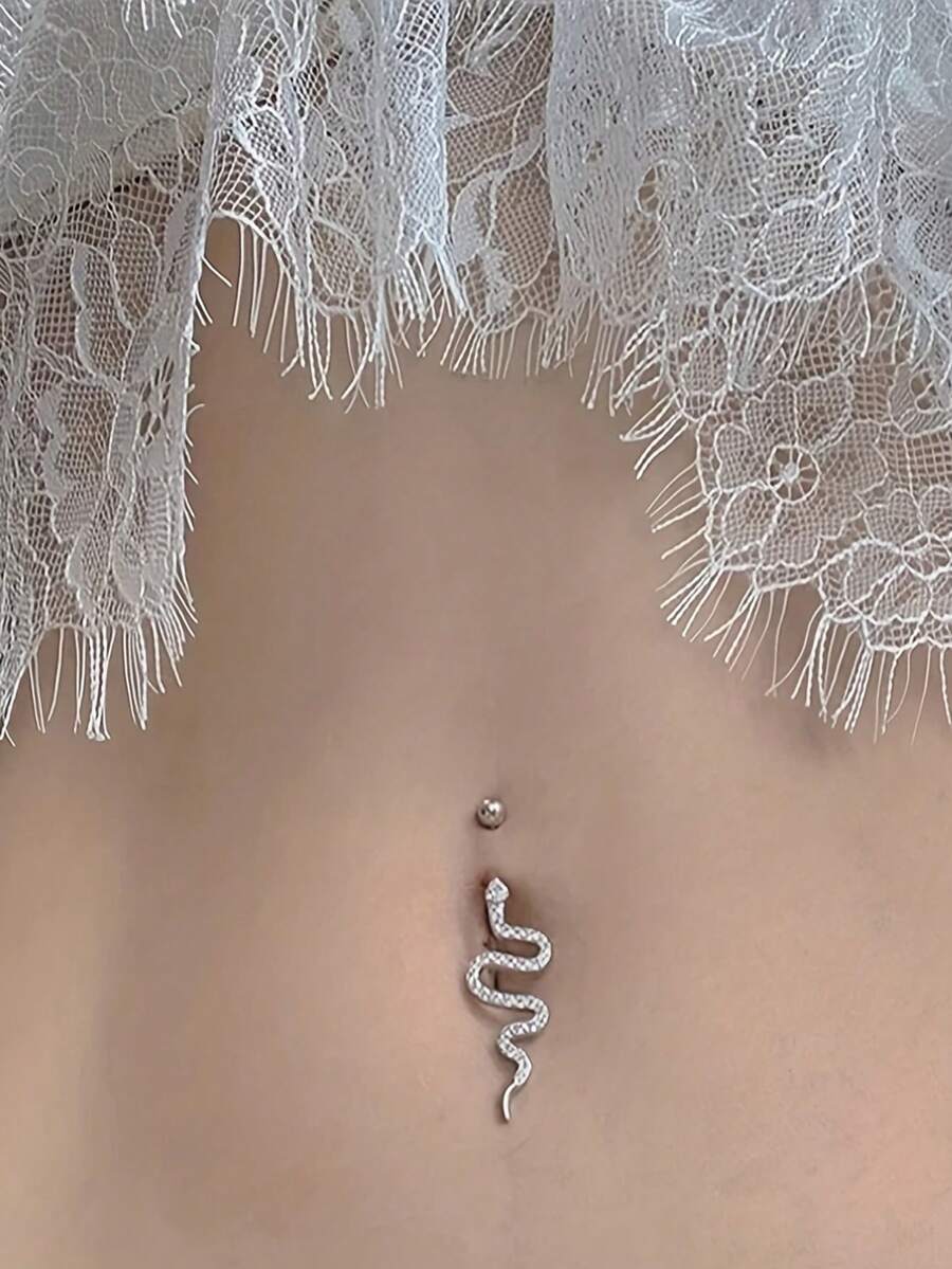 1 Pieza Anillo De Ombligo De Serpiente Incrustado Con Piedras Brillantes De Estrás, Elegante Joyería De Perforación De Uñas De Cobre Del Cuerpo De Ombligo - Plateado - Ver 1