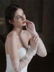 1只白色長珍珠新娘手套,超仙的婚禮配件 - 彩色 - 查看 6