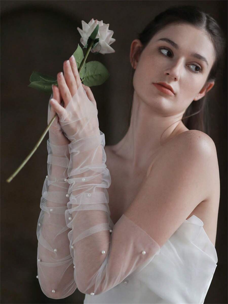 1只白色長珍珠新娘手套,超仙的婚禮配件 - 彩色 - 查看 1