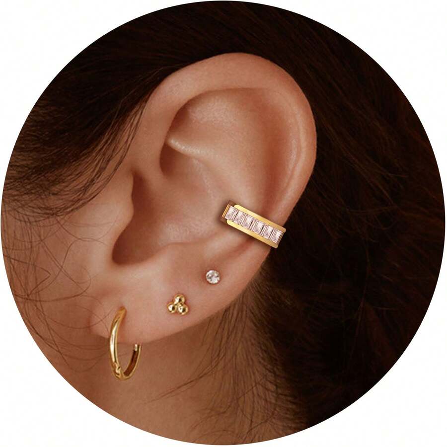 Còng tai In Vàng 18K Đối với phụ nữ Khối Zirconia  Tai Khúc xương Kẹp Đối với Quý cô , Cô gái - Lấp lánh Kim cương giả kẹp vào Bọc Hoa tai Pierced - Khuyên tai kim cương vuông - Xem 1