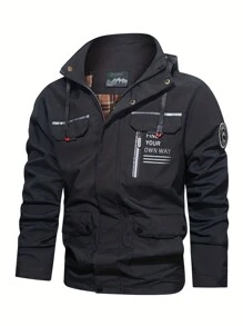 Giacca con cappuccio softshell in stile boyfriend da uomo, con stampa di lettere e dettagli con zip, per uso casual e sportivo, abbigliamento da palestra, stile boyfriend da uomo