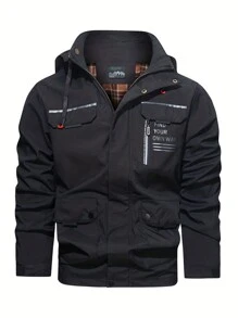 Giacca con cappuccio softshell in stile boyfriend da uomo, con stampa di lettere e dettagli con zip, per uso casual e sportivo, abbigliamento da palestra, stile boyfriend da uomo