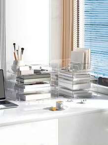 1pc Stackable Desktop Storage Box, Transparent Document Tray, Acrylic Material File Storage Container, For Storing Paper, Magazine, Office Supplies - Clear - View 6